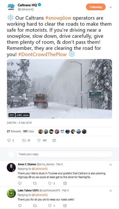 A Twitter screen grab that shows a picture of a Caltrans snow plow in operation