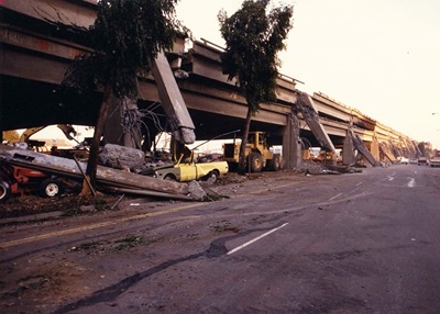 The Cypress Street Viaduct, part of Interstate 880, mostly collapsed between 16th Street and the MacArthur Maze in Oakland as a result of the Oct. 17, 1989, Loma Prieta earthquake. (All photographs are from Caltrans archives)