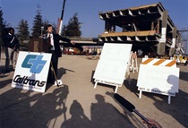 Professor Jack Moehle of the University of California, Berkeley, oversaw seismic testing of the 200-foot-long portion of the Cypress structure that did not collapse. The bracing that had been attached after the earthquake held up as expected, providing Caltrans with vital information for its bridge-retrofitting program. Above, Moehle addresses the press before the December 1989 test.