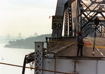 The bridge’s collapsed portion was on the eastern side of Treasure Island; the portion between San Francisco and the island is visible in the left background.