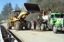 Work crews remove trees and other debris from Highway 17. Nearby Santa Cruz sustained extensive damage to many of its downtown structures.
