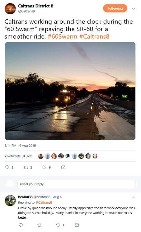 Caltrans District 8 is treated to acclaim on Twitter.