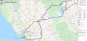 A map of the Lincoln Highway through California