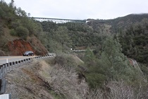A few miles out from Auburn, Highway 49 offers striking views of the Foresthill Bridge, which spans the Middle Fork of the American River.