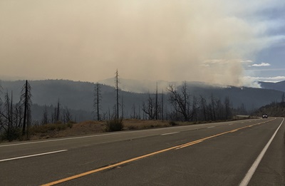 Looking west on State Route 36 from near Post Mountain as August Complex expands to the north towards Forest Glen, September 24, 2020 