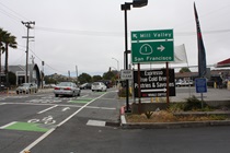 Southbound State Route 1 winds its way through Mill Valley past this intersection before joining U.S. Highway 101.