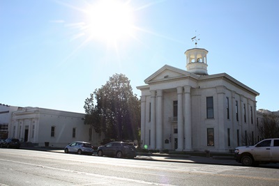 The Colusa County Courthouse stands tall beside State Routes 20 and 45 as they shoot through the city of Colusa.