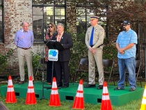 At the District 5 ceremony from left to right: Kevin Drabinski (emcee), Sara von Schwind (Caltrans D5 Deputy Director for Maintenance and Traffic), District 5 Director Tim Gubbins, local CHP Chief LD Maples,  and John Coulter of Johnboy’s Towing of San Luis Obispo.