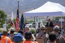 District 9 Director Ryan Dermody addresses the crowd at the Caltrans Workers Memorial in Bishop on May 4 (Photo by Michael Lingberg)