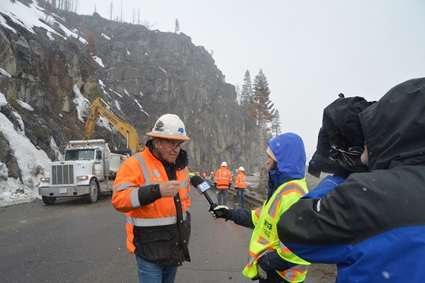 District 3 Lake Tahoe Maintenance Supervisor Bill Netto talks with the media on U.S. Highway 50 at Echo Summit.