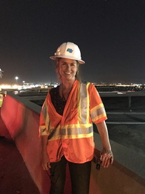 District 8 public information officer Kim Cherry is on the scene as Caltrans performs "60 Swarm" work on State Route 60. (Photo by Kim Cherry)