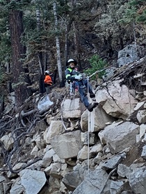 In District 8., a Caltrans rock-scaling crew hangs out on the job. (Photo by Kim Cherry)