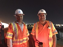 A couple of Caltrans compatriots take a moment to pose during the first night of the "60 Swarm." (Photo by Kim Cherry)