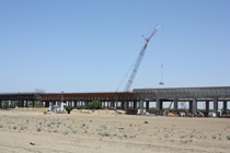 At this point of the Central Valley roadway, not far from Fresno, strong evidence of high-speed-rail construction emerges.