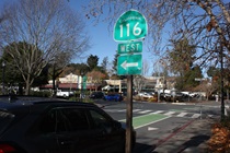 State Route passes through the heart of Sebastopol, including by the Whole Foods Market shown in the background.
