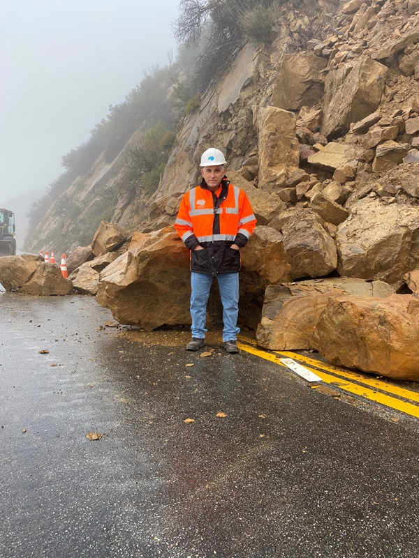 District 7 PIO Marc Bischoff at a rock slide on State Route 33 in Los Padres National Forest 