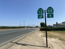 State Routes 12 and 88 team up for a Central Valley stretch; soon SR-12 veers off eastward toward the foothills town of San Andreas.