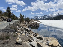 Winter's remnants are still very much part of the tableau as State Route 88 passes by Caples Lake, just past Kirkwood.