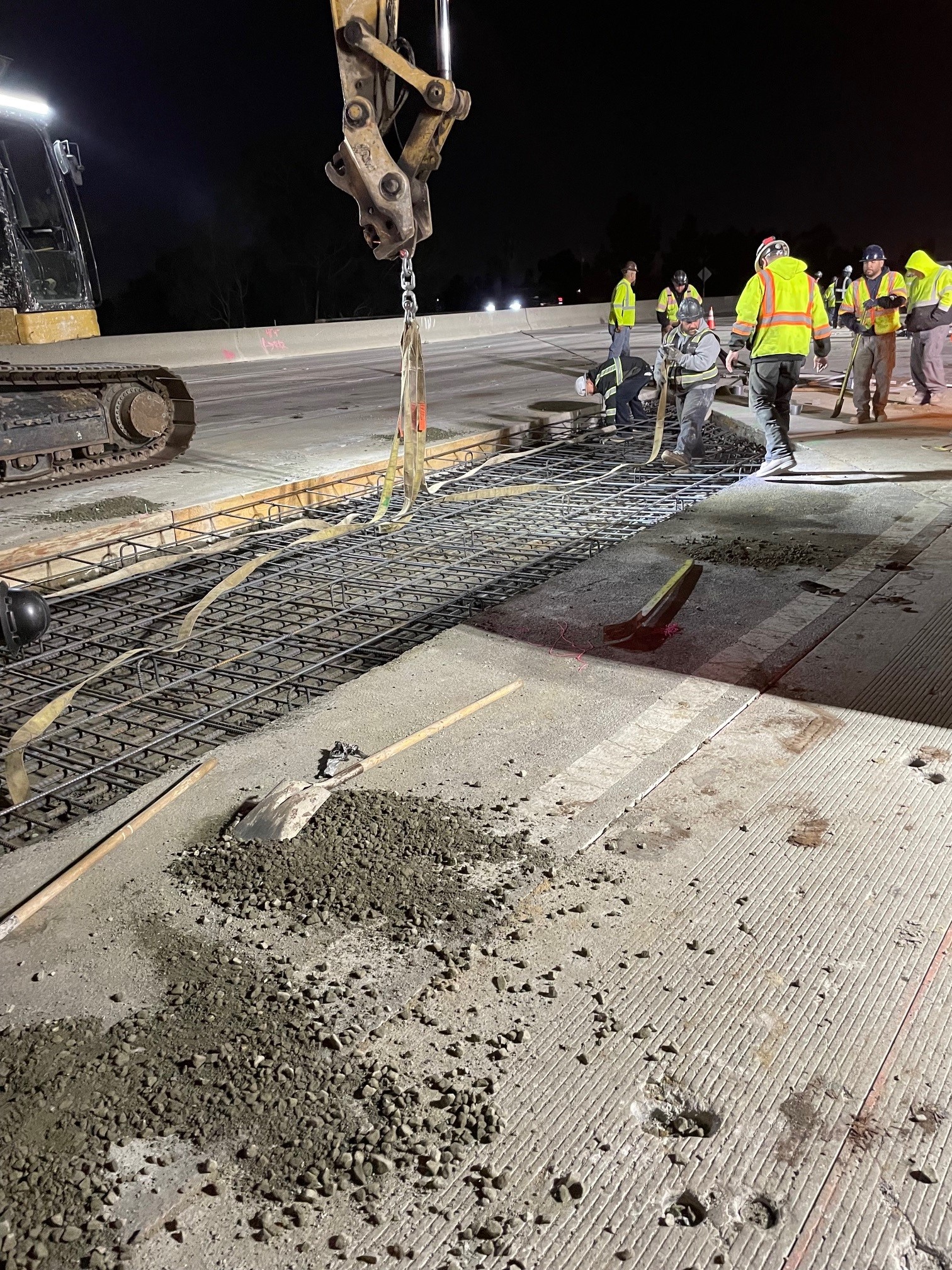 A rebar cage is placed on an approach slab as part of the Interstate 605 project in Southern California.