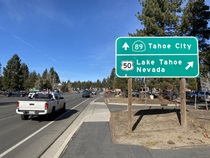 Motorists can veer off to skirt the western shoreline of Lake Tahoe at this point in the town of South Lake Tahoe.