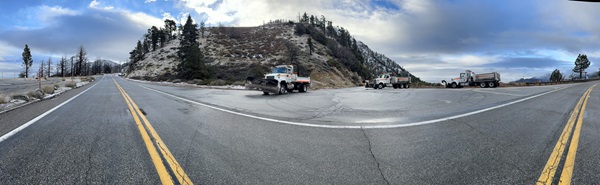 A panoramic view of State Route 2 (Angeles Crest Highway) in Angeles National Forest in mid-January with the District 7 Maintenance Chilao Mountain crew snow plows on standby at Islip Saddle (post mile 64.1)