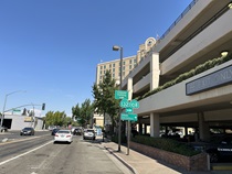 Modesto's starkly tall hotel Doubletree Inn looms over the corner where State Routes 132 and 108 team up for a short urban stretch.