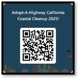 Image is the QR code for the 2025 Adopt-A-Highway Coastal Cleanup form to submit results from September litter removal. The QR code is on a dark blue, ocean background with fish, rocks and kelp. 