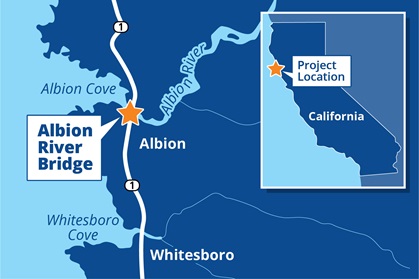 Map  Illustrated map of Albion River Bridge’s location on State Route 1 along the Northern coastline of  California. 
