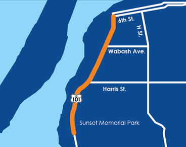 A map defines the scope of the Broadway Pop-Up Demonstrations from south of Eureka at Papa & Barkley's north to 6th Street. The map shows cross streets of Harris and Wabash.