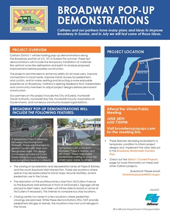 A thumbnail image of the linked Broadway Pop-Up Demonstrations fact sheet. A small map shows the project location from 4325 Broadway in Eureka north to 6th Street. 
