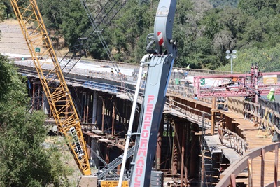 Side view of the Calpella Two Bridges Replacement project with the bridge deck and column structure visible. 