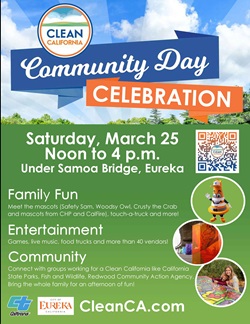 Poster describing Clean California Community day Celebration scheduled for Saturday, march 25 from noon to 4 p.m. under the Samoa Bridge in Eureka California. 