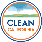 Clean California round logo. A blue sky above white clouds over green hills. Clean California.