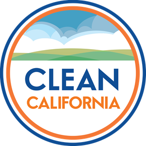 Clean California round logo. A blue sky above white clouds over green hills. Clean California.