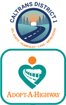 Caltrans district 1 logo stacked atop the adopt a highway logo 
