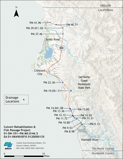 Map of highway 101 in Del Norte County with locations of culvert replacement projects from the oregon border to the klamath river. 