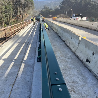 New pedestrian crossing and guardrail on the Elk Creek Bridge on State Route 1 in Mendocino COunty. 