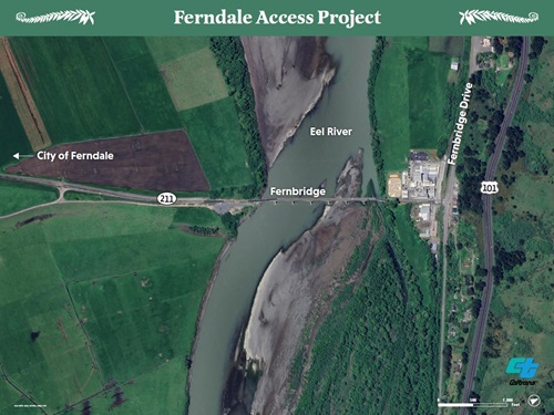 Aerial photo of Fernbridge on Route 211 in Humboldt County. The Eel River runs under the arch bridge and is surrounded on the east and west by green and brown farmland. Highway 101 runs along the edge of the picture. An arrow points in the direction of the town of Ferndale.