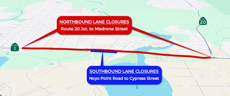 Map indicating road work along Route 1 in Fort Bragg in Mendocino County. Northbound road closures from junction of Route 20 to Madrone Street. Southbound lane closures from Noyo Point Road to Cypress Street.