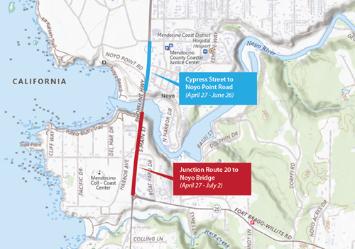 Construction on Route 1 in Fort Bragg will be in effect from the Route 20 junction to Noyo Bridge from April 27 to July 2 and from Cypress Street to Noyo Point road from April 27 to June 26.