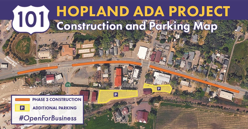 Hopland ADA Construction and Parking Map shows three areas of construction in downtown Hopland. Two parking lots are highlighted in yellow behind a row of buildings.