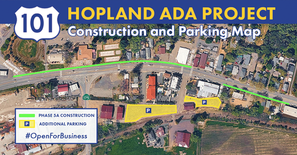 Hopland area parking and construction map for Phase 5 A. Sidewalk work is planned from Mountain House Road to Center Street on the Southbound side and from First street north on the northbound side of 101.