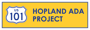 Hopland Americans with Disabilities Act Project logo. A U.S. Highway 101 crest includes the text U.S. 101. Text reads Hopland ADA Project.