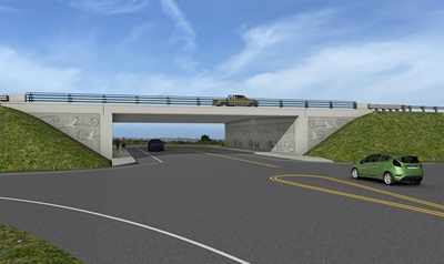 A rendering of the Indianola Undercrossing. Simulated vehicles pass underneath a grey concrete overpass stamped with images of egrets flying and wind embellishments. A pair of simulated pedestrians run along a sidewalk bordering the undercrossing. 