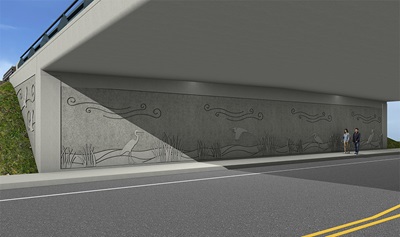 A rendering of the Indianola Undercrossing. Simulations show a grey concrete overpass stamped with images of egrets walking along a shore with grass and wind embellishments. A pair of simulated pedestrians walk along a sidewalk bordering the undercrossing.  Simulated lights illuminate the corners of the structure.