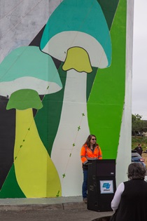 Caltrans District 1 Clean California Coordinator offers opening remarks at the Samoa Bridge Murals Kick Off event. 
