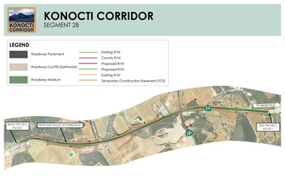 A hybrid satellite and road map shows the 2b segment of the Konocti Corridor Improvement Project. The map shows the segment beginning at postmile 25.7 and end at postmile 29.1. 