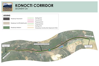 A hybrid satellite and road map shows the 2a segment of the Konocti Corridor Improvement Project. The map shows the segment beginning at postmile 23.6 and end at postmile 26.9. 