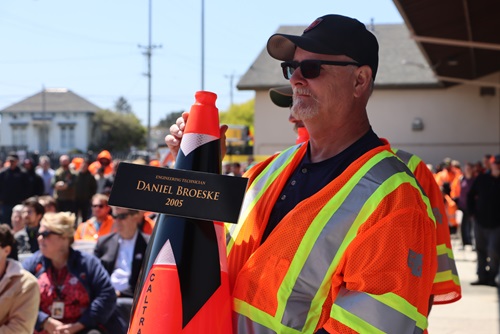 North Electrical Supervisor Mike Jensen holds a cone in honor of Daniel Broeske, a Transportation Engineering Technician who died in 2005 while working on Highway 101 near Willits. 