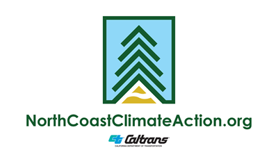 North Coast Climate Action logo. A tree above a mountain surrounded by the sky. Caltrans logo along the bottom. 